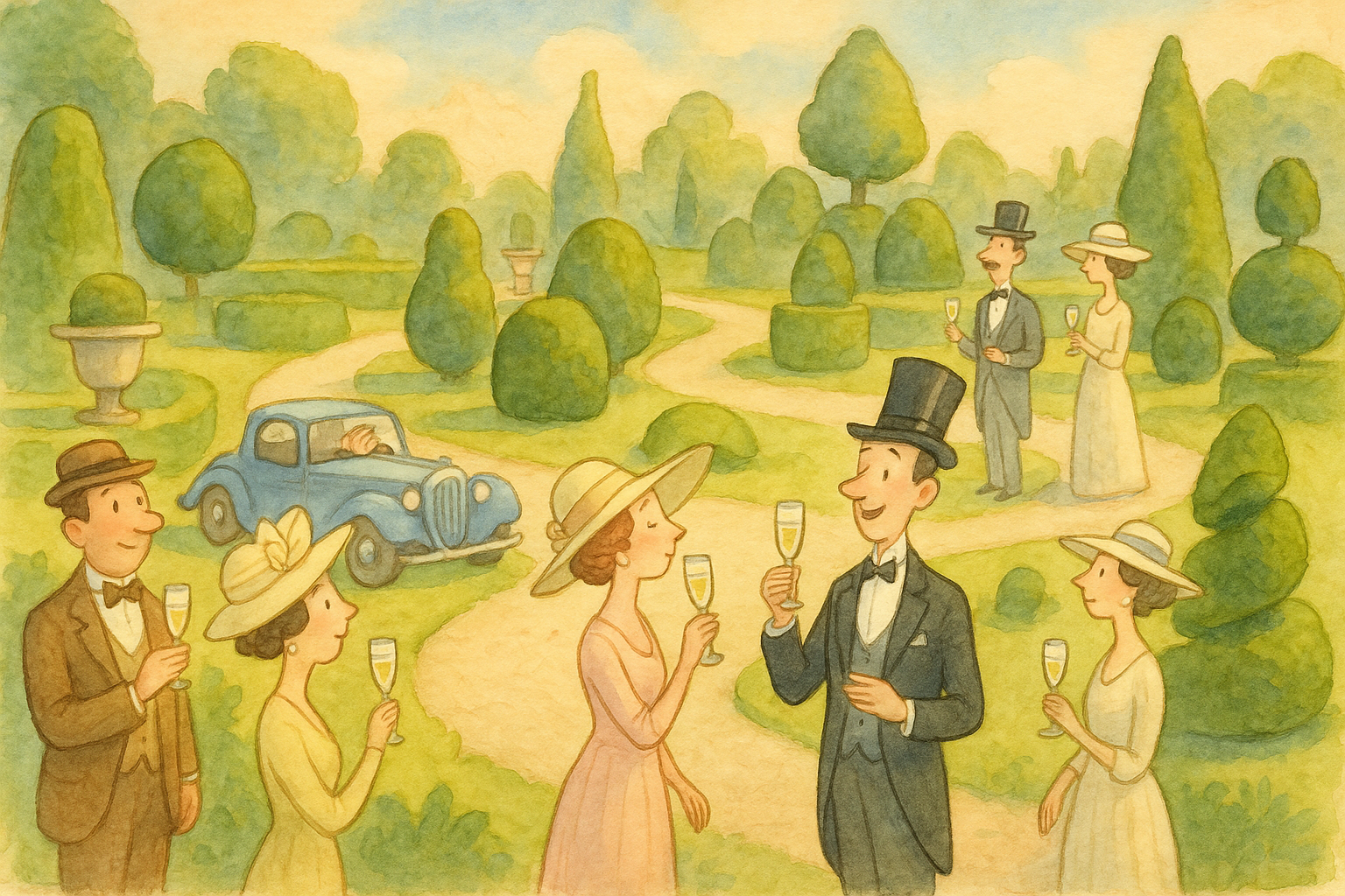 Elegante Gartenparty-Szene im Cartoon-Stil mit Vintage-Charakter
