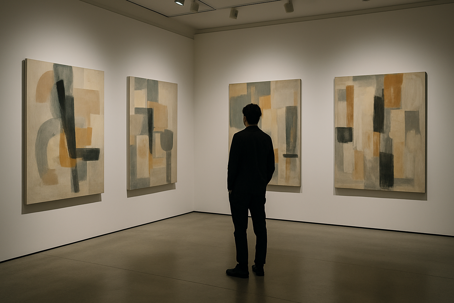 Zeitgenössische Kunstgalerie mit abstrakten Gemälden und Künstlerfigur