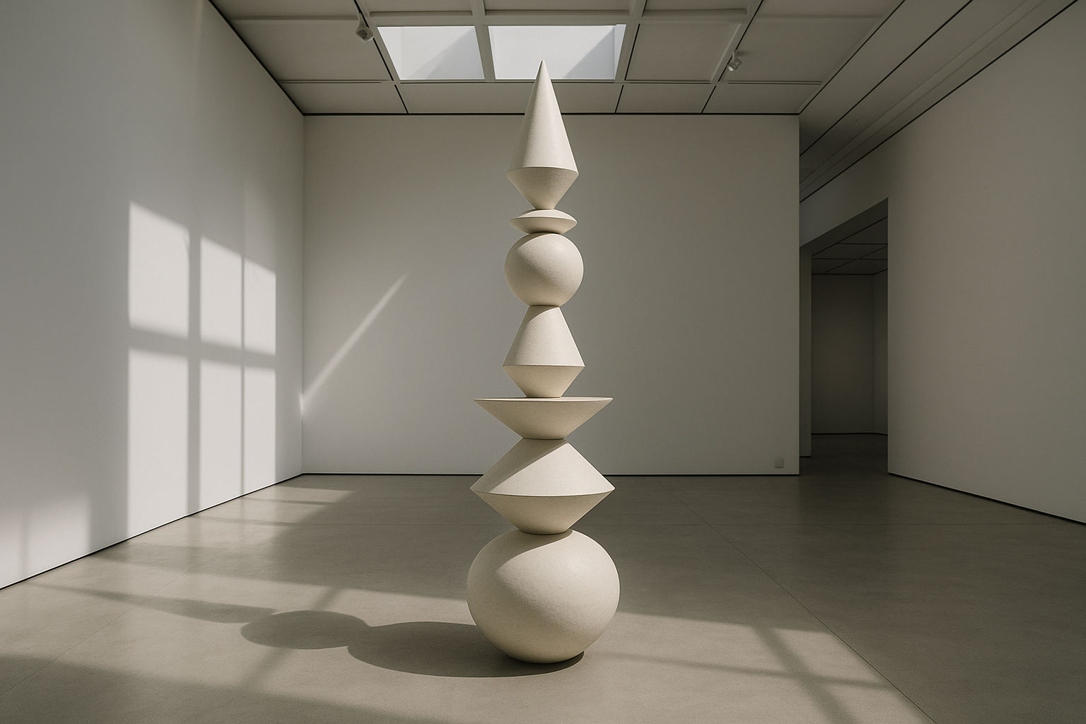 Abstrakte zeitgenössische Kunstinstallation, minimalistischer Museumsraum mit konzeptueller Porzellan-Skulptur