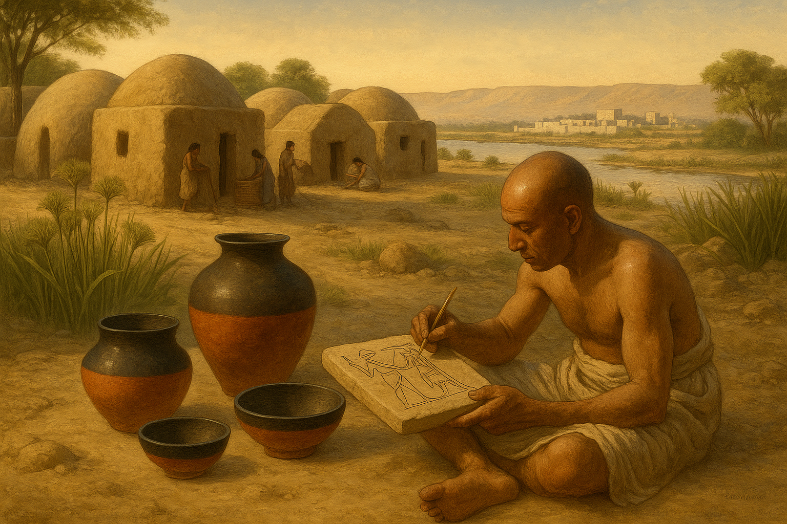 Prädynastisches Ägypten am Nil mit frühen Siedlungen und Hieroglyphen