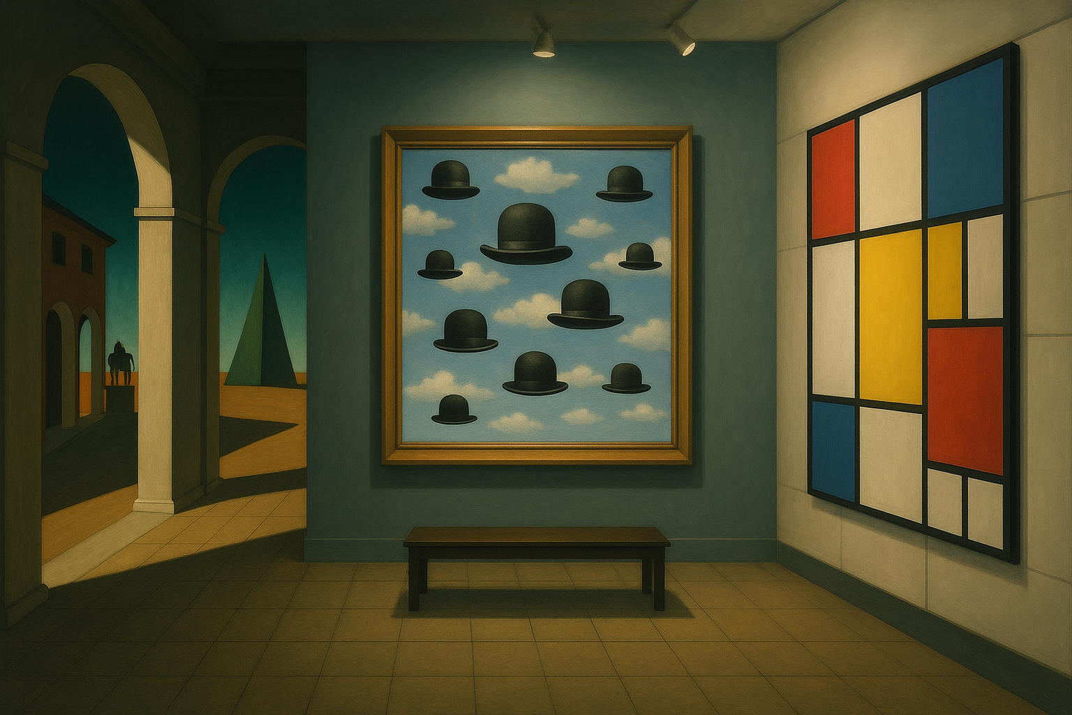 Surrealistische Galerie mit De Chirico, Magritte und Mondrian inspirierten Elementen