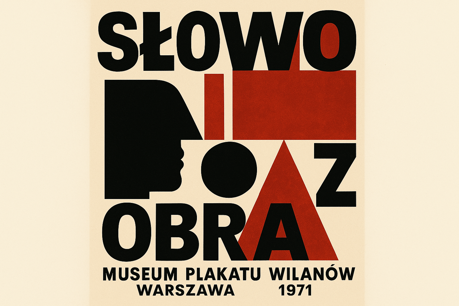 KI-generierte Interpretation: Polnische Plakatkunst im Stil der 1971er Ausstellung "Słowo i Obraz" - minimalistische Grafikdesign-Ästhetik des Polnischen Plakat-Goldenen Zeitalters mit experimenteller Typografie