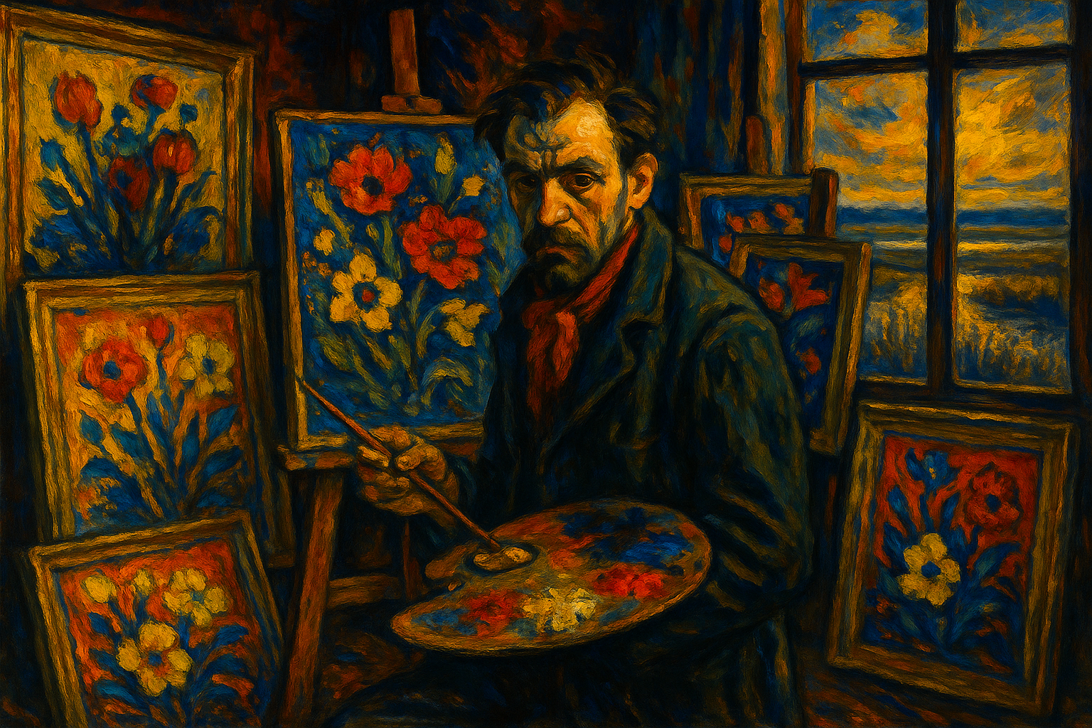 Expressionistischer Maler im Atelier mit Blumenbildern - goldgelbe, kadmiumrote und kobaltblaue Farbflächen im typischen Stil des deutschen Expressionismus
